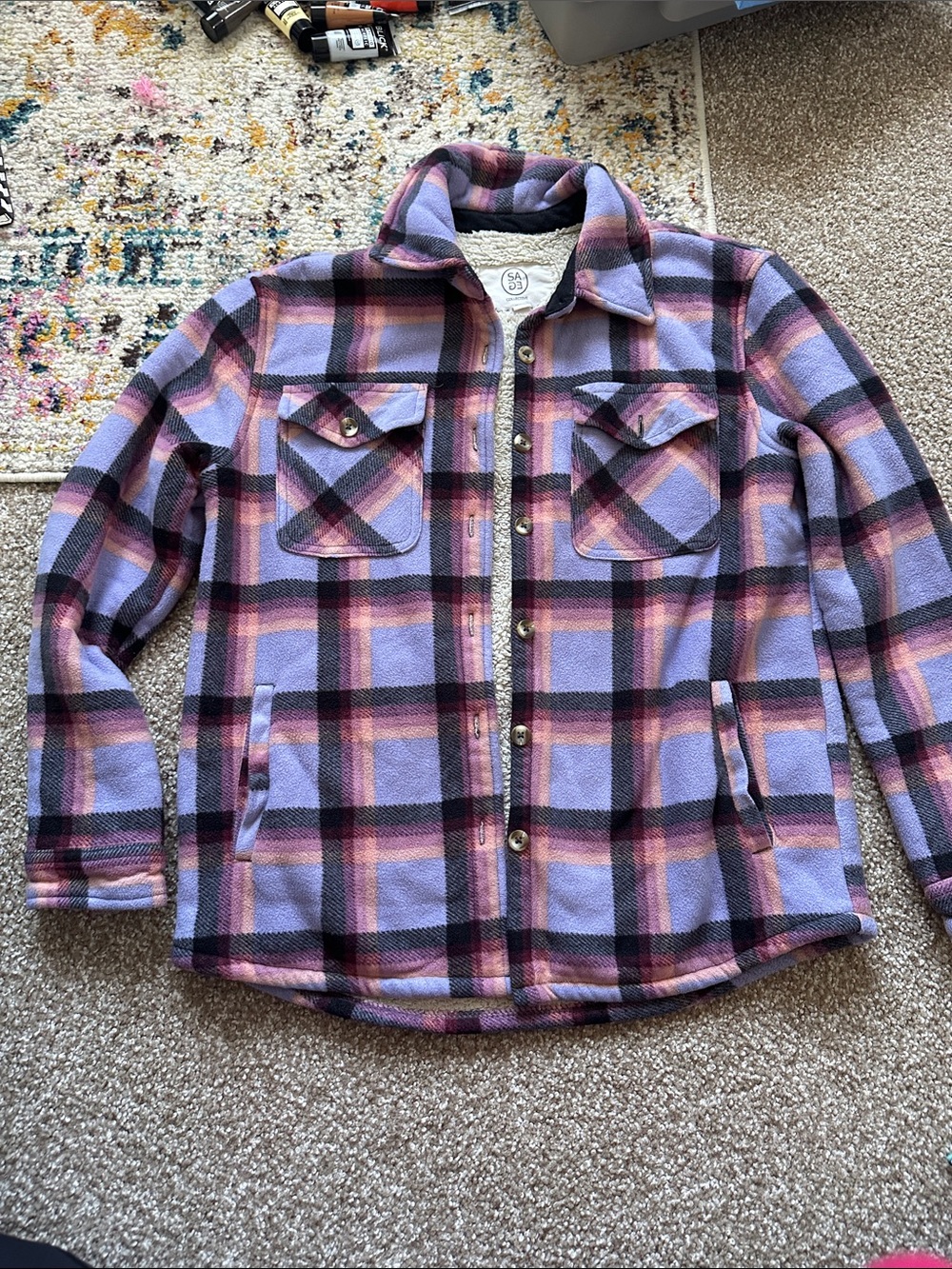 Purple Plaid Fleece Shacket - Cozy Layering Jacket Sherpa lining